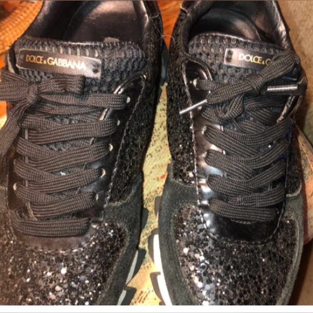 Dolce & Gabbana Black Sparkling Glitter Fashion Sneakers Size 37.5